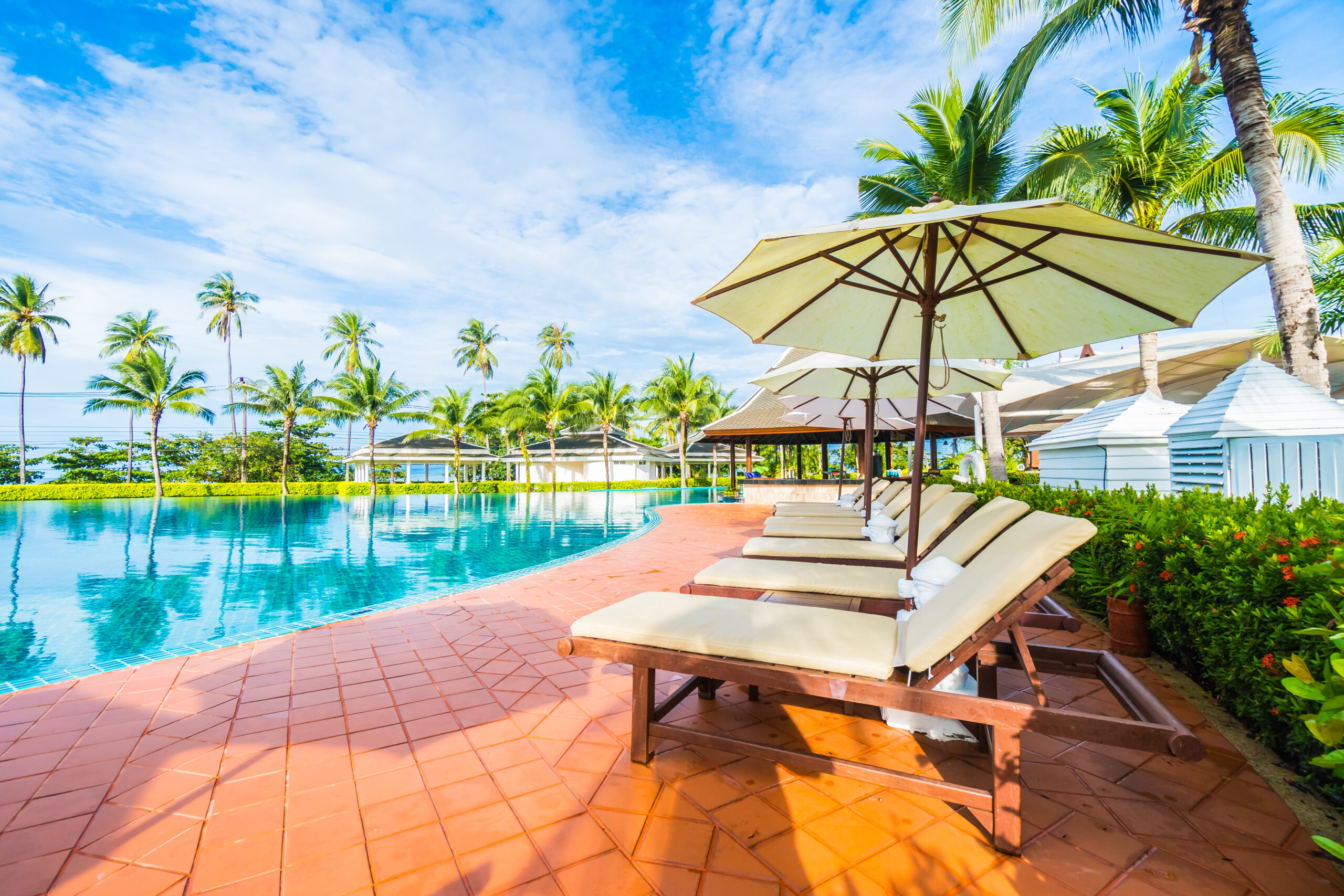 Beautiful luxury umbrella and chair around outdoor swimming pool in hotel and resort with coconut palm tree on blue sky - Boost up color Processing